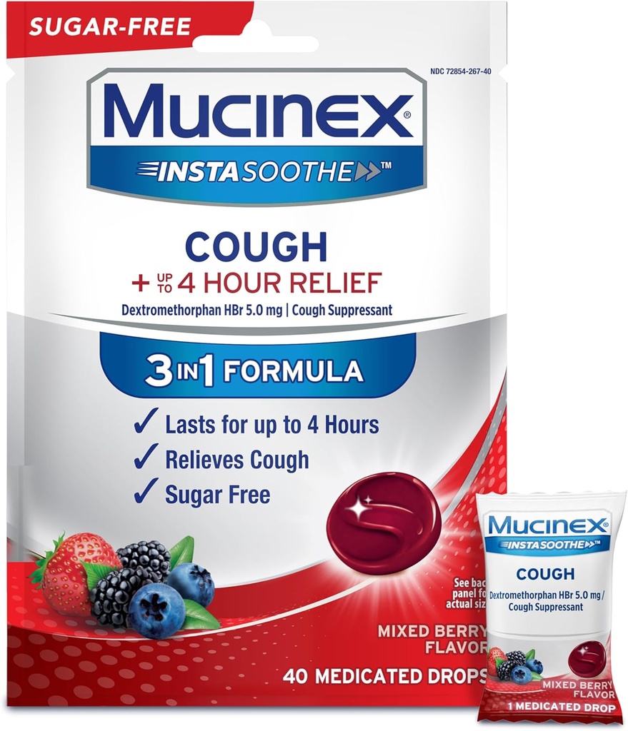 Mucinex Instasoothe gouttes de toux sans sucre, remède contre la toux pour les adultes avec dextrométhorphane HBr, gouttes de toux non menthol, Lozanges suppresseurs de la toux, gouttes de toux médicamentées de baie mixte, 40ct
