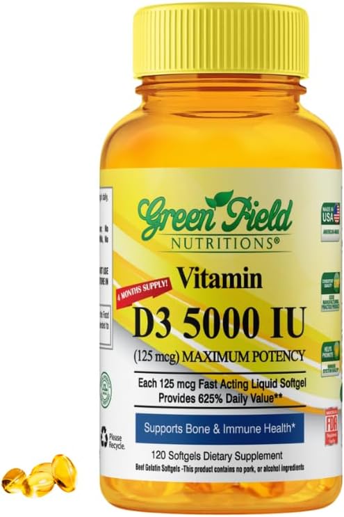 Greenfield Nutritions Vitamine halale D - Vitamine halale D3 5000 UI Softgel (125 mcg), High Potency 120 Softgels non aromatisés - Gélatine de boeuf D3 Vitamines halales, soutient la teeth immune osseuse Cerveau et cheveux