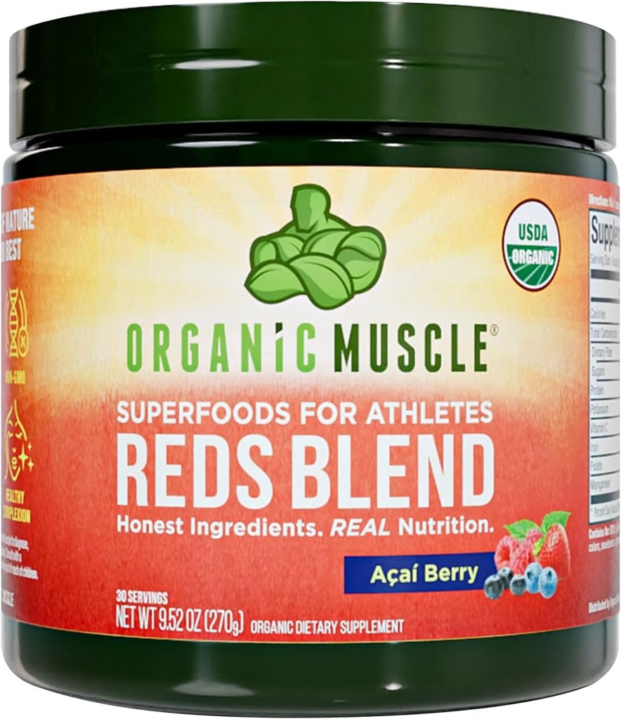 Bio Muscle Reds Powder (en poudre) Énergie et soutien cardiaque sans caféine (en préparation avec racine de betterave, acai, grenade et antioxydants) Non-OGM, végétalien, 30 portions