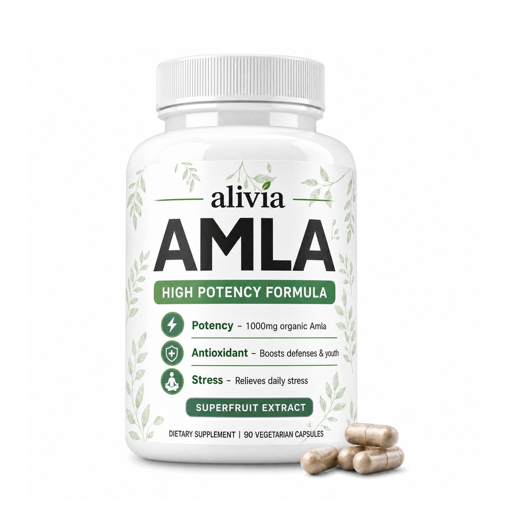 Avouria's Alivia Amla Supplement, Amla Superfruit Capsules, 1000mg, Plant-Based Superfruit Extract, Antioxidant, Relieves Stress, 60 Capsules