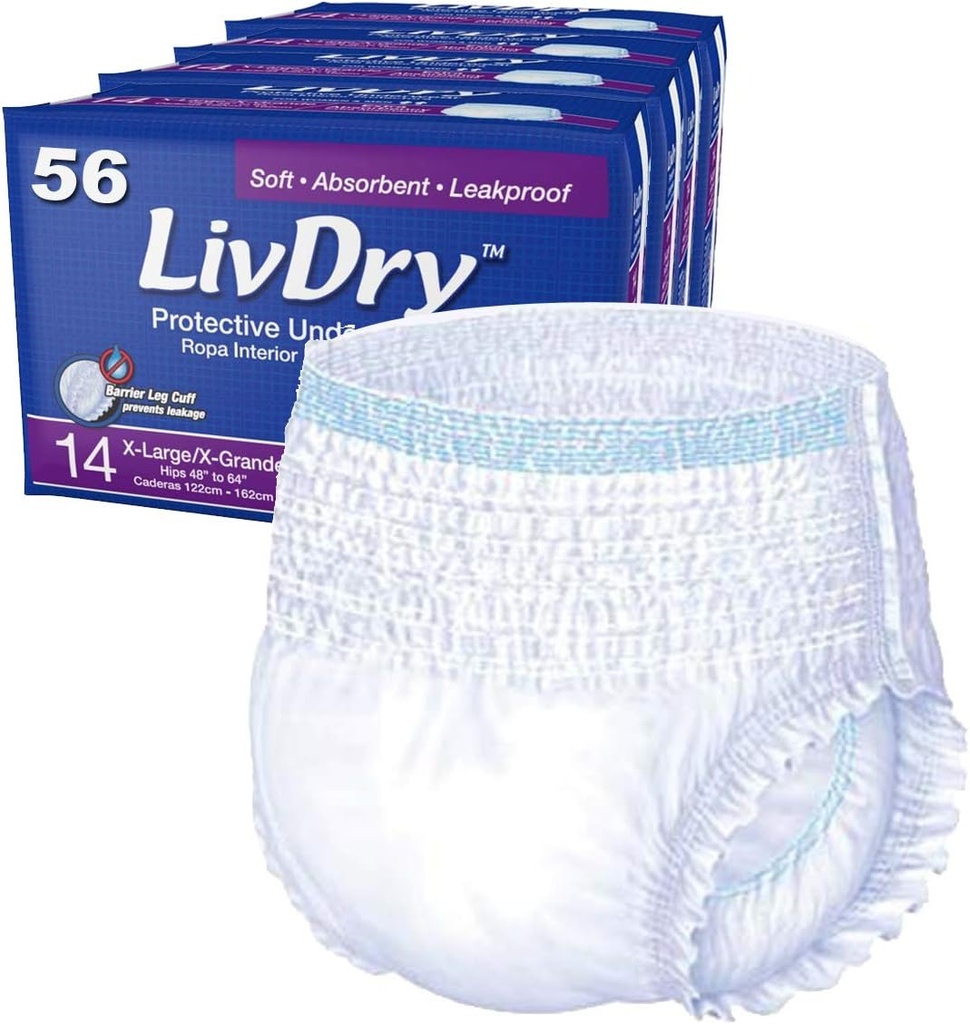Sous-vêtements pour adultes LivDry XL Incontinence, couches pour adultes, protection contre les fuites, X-Large, 56-Pack
