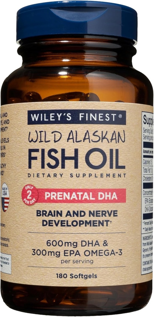 Wiley's Finest Wild Alaskan Fish Oil DHA prénatal - 900mg EPA et DHA Omega-3 pour les femmes enceintes et les mères allaitantes - 180 Softgels (90 portions de vitamines prénatales)