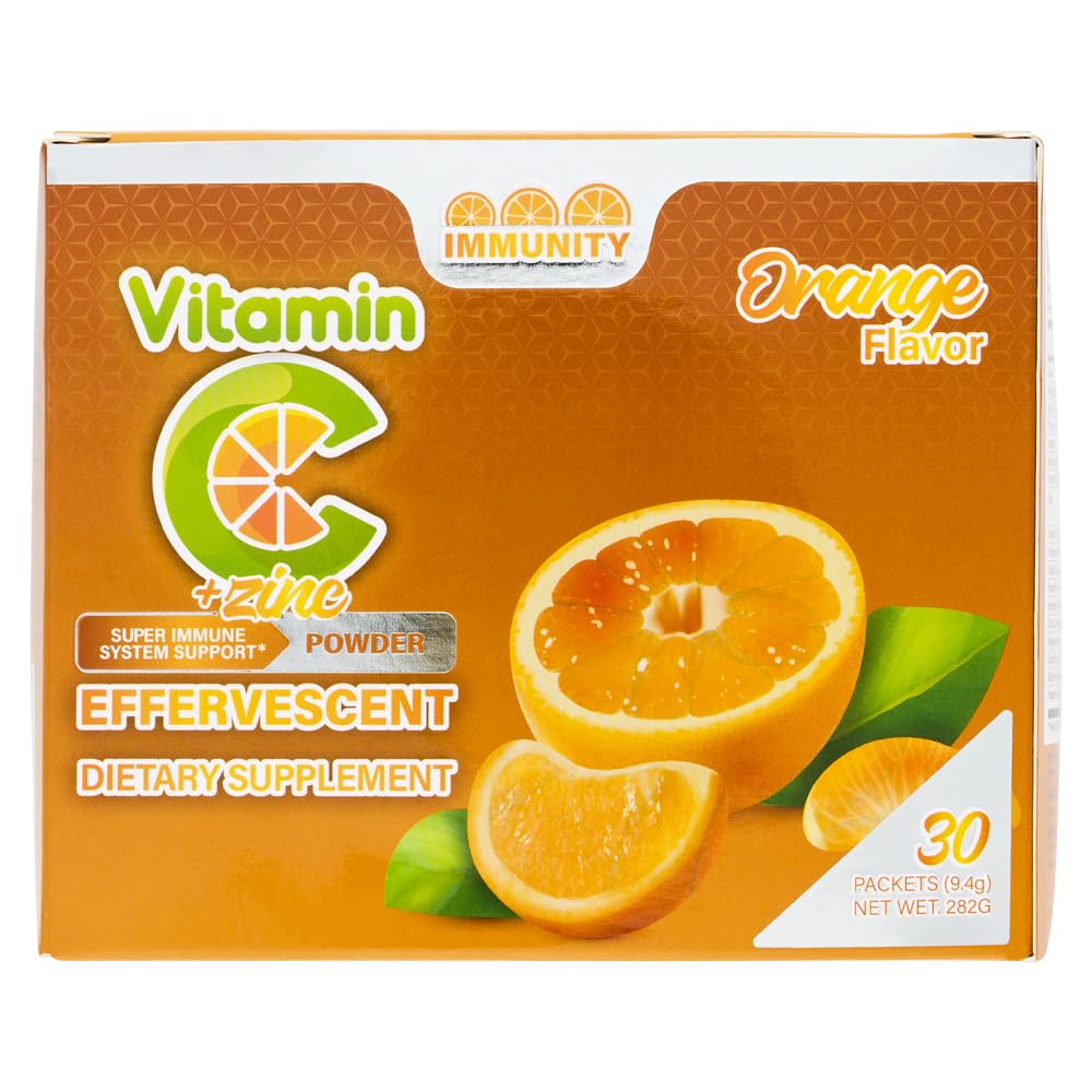 Vitamin C + Zinc Immune Support Powder – Effervescent Orange Flavor – Daily Supplement Drink – 30 Sachets – Immune Boosting Antioxidants – Energy Support