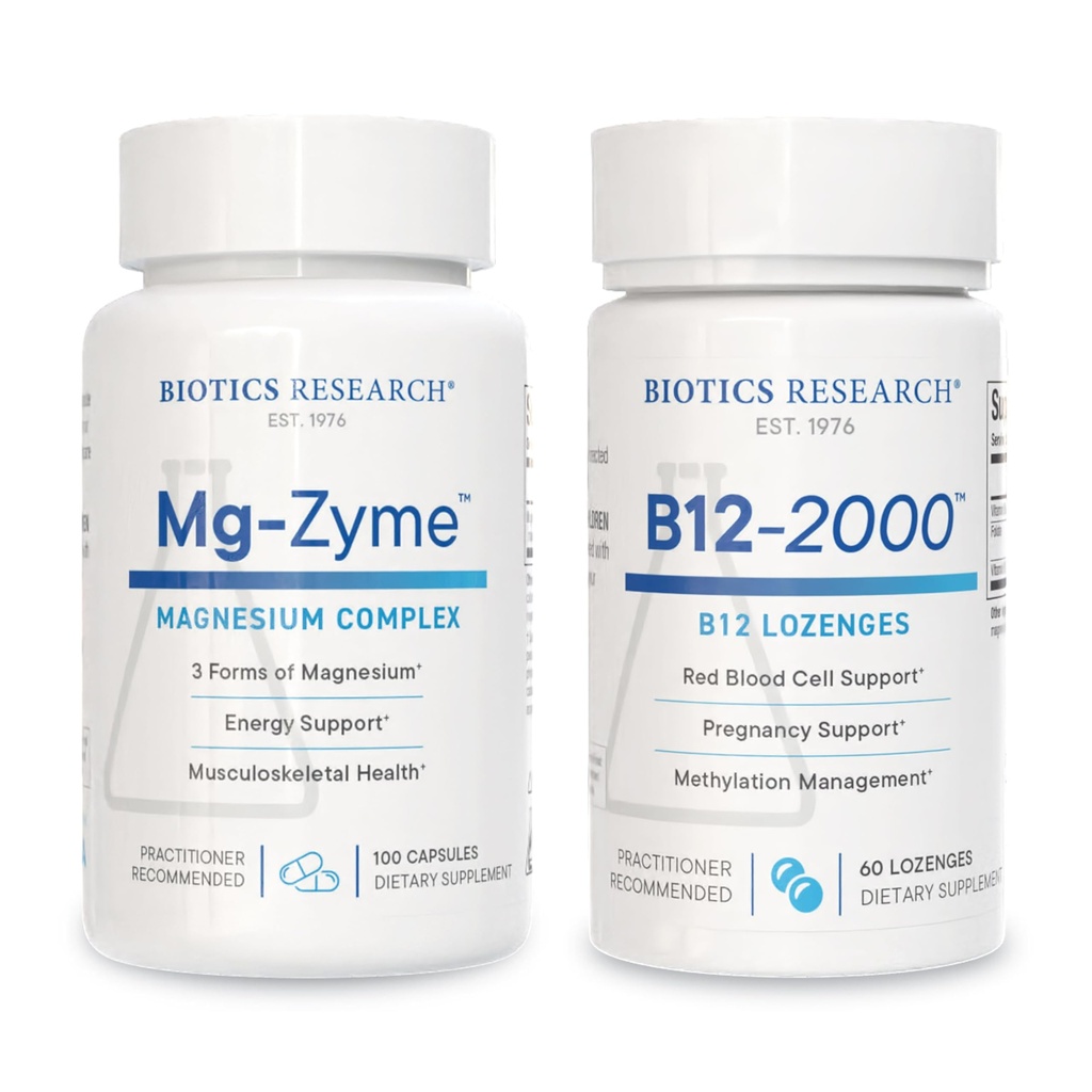 Biotics Research Mg-Zyme Triple Magnesium Complex for Sleep, Relaxation & Bone Health + B12-2000 Vitamin B12, B6 & Folate for Energy & Methylation Support – 100 Caps & 60 Lozenges