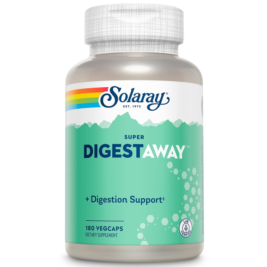 SOLARAY Super Digestaway Enzymes digestifs - Pancréatine, Papaine, Ginger, Pepsin, Betaine HCl, Aloe Vera, et plus - Soutien à la digestion et à l'absorption des nutriments - Verified - 180 VegCaps