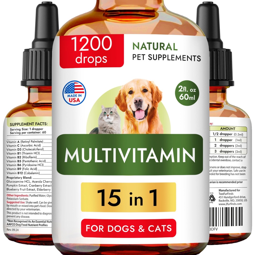 15-in-1 Liquid Multivitamin for Dogs & Cats - Glucosamine for Dogs, Cranberry, Vitamin B Complex - Balanced Ingredients for Joint, Digestive, Immune, Skin & Coat and UTI Support - US Made - 2.0Fl Oz