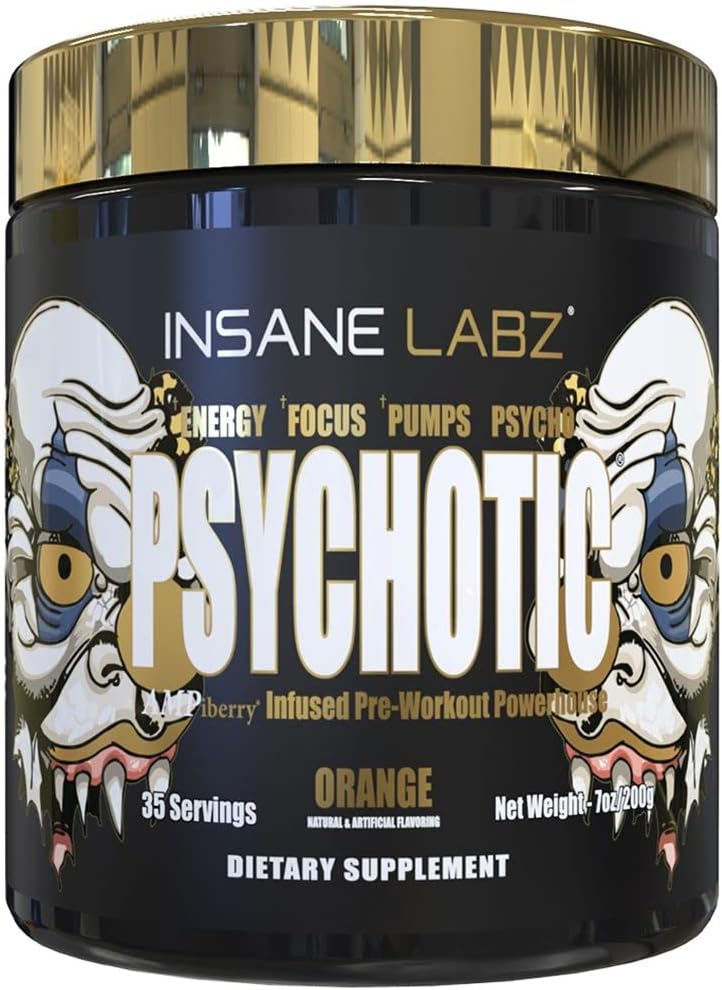 Insane Labz Or psychotique, Poudre de pré-entraînement stimulante, Focus d'énergie durable extrême, Pompes et Endurance avec Beta Alanine, DMAE Bitartrate, NO Booster (35 Serviettes, Orange)