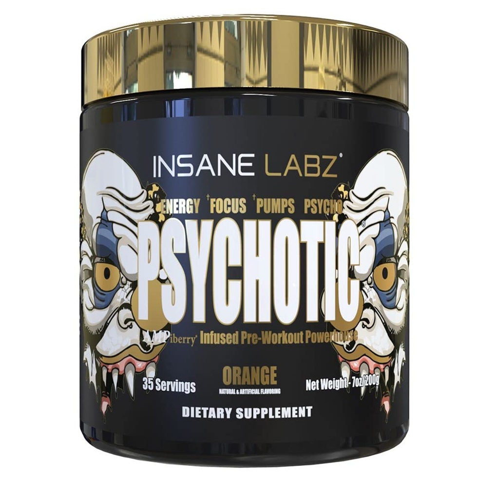 Insane Labz Or psychotique, Poudre de pré-entraînement stimulante, Focus d'énergie durable extrême, Pompes et Endurance avec Beta Alanine, DMAE Bitartrate, NO Booster (35 Serviettes, Orange)