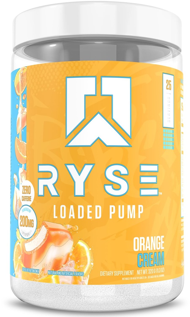 Ryse Loaded Pump Pre Workout Powder - Orange Cream - No Caffeine Stimulant Free Formula for Pump, Power & Endurance - L-Citrulline, PeptiPump, Betaine Anhydrous, Taurine & AstraGin - 25 Servings