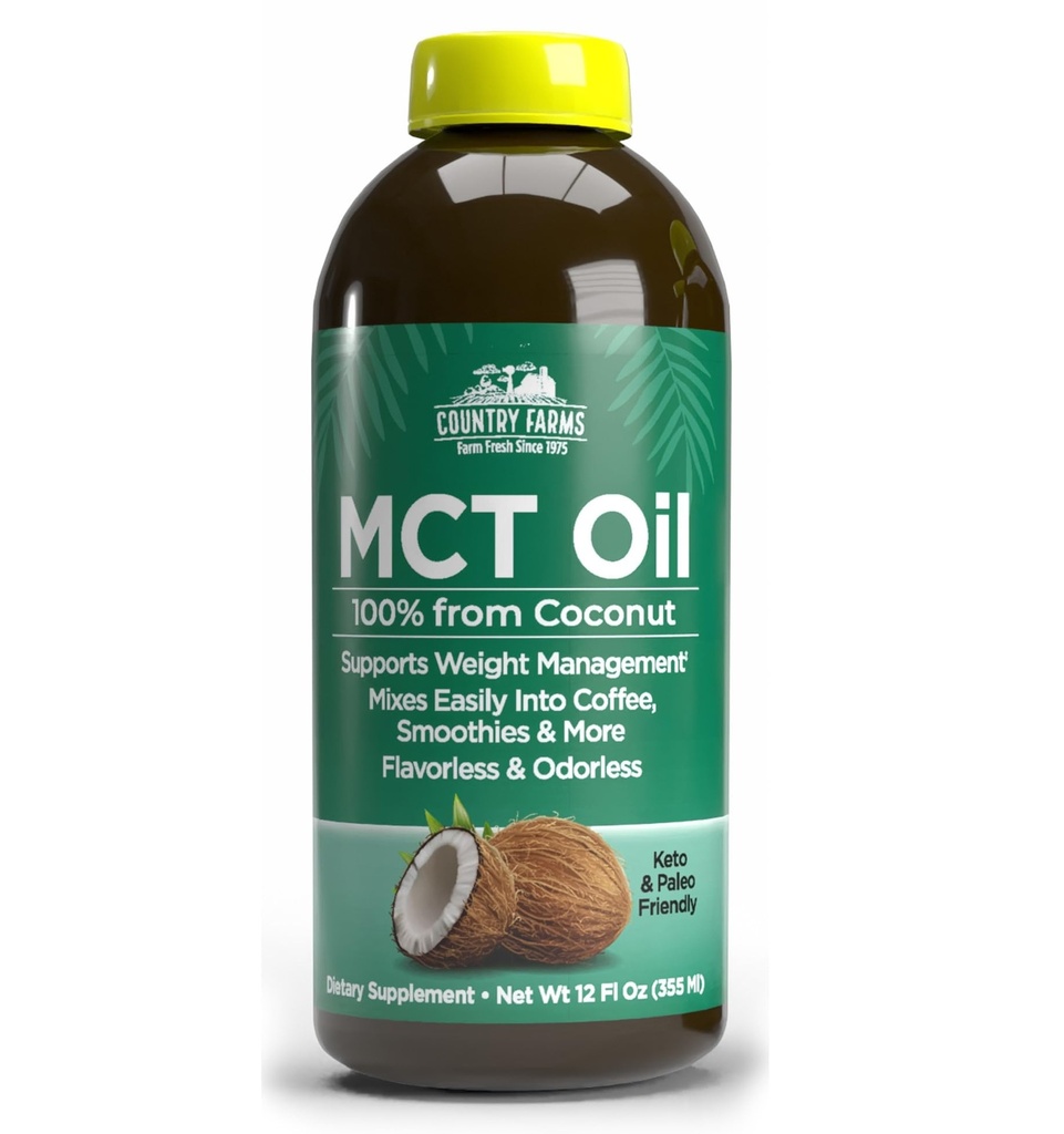 COUNTRY FARMS MCT Oil, Brain and Body Fuel from Coconuts*, Promotes Natural Energy, Keto and Paleo Friendly, Flavorless and Odorless, Non-GMO, 12 Fl Oz