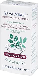 Arrestation de levure de Vitanica, suppositoires vaginales homéopathiques, pour symptômes d'infection à levure, soulagement de brûlures, démangeaisons et décharges, avec acide borique, huile d'arbre à thé et probiotiques, végétalien (Pro Logo, 14ct)