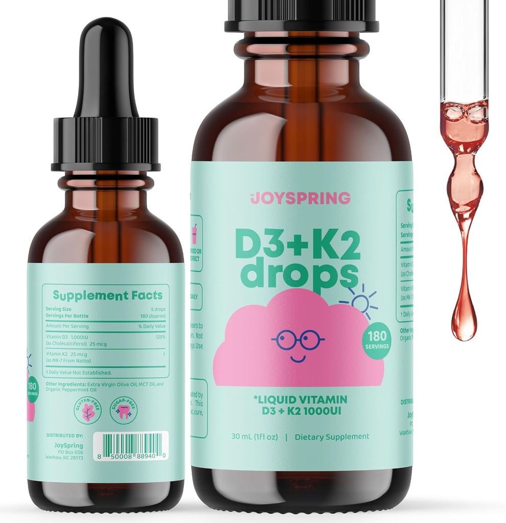 JoySpring Vitamine liquide D3 avec K2 Vitamine D pour les enfants - Soutien immunitaire pour les enfants, Multivitamine quotidienne avec racine de dard & Elderberry pour les enfants Immune Booster et suppléments naturels pour enfants