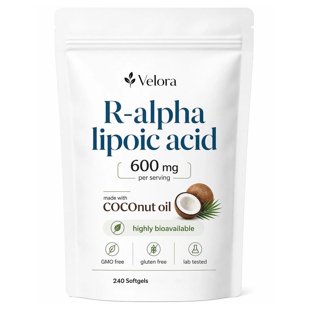 RESONA Velora R-Alpha Lipoic Acid with Coconut Oil - Highly Bioavailable ALA Supplement for Antioxidant, Nerve, Heart & Liver Support, Non-GMO, Gluten-Free, Soy-Free - 240 Softgels