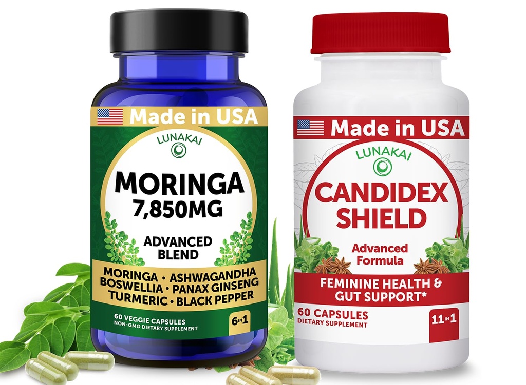 Lunakai USA Made Moringa & Candidex Shield Capsules Bundle – 6-in-1 & 11-in-1 Daily Blend – 60 Non-GMO Capsules Each