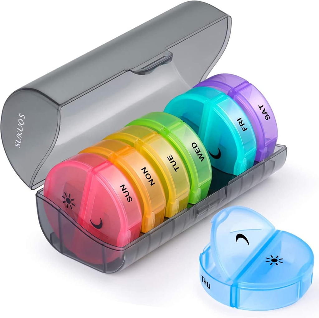 Sukuos Large Weekly Pill Organizer 2 fois par jour, quotidien Pill Box 7 Jour facile à ouvrir avec double protection, AM PM Pill Case pour la médecine/vitamine/huile de poisson / suppléments