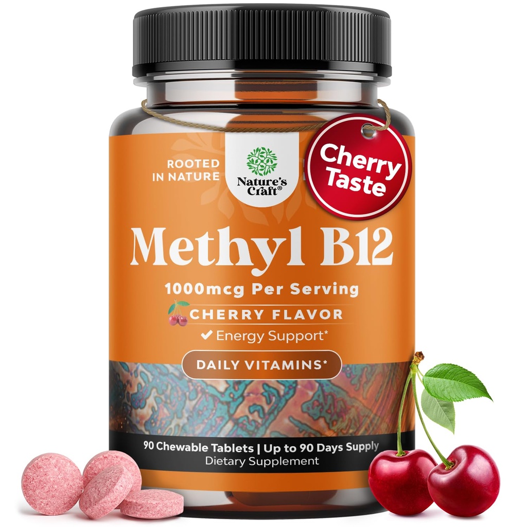 Vitamine à croquer B12 1000 mcg - Méthylated B12 Vitamine végétalienne pour le cerveau soutenir l'énergie naturelle - Bone Health Soins oculaires et amélioration de l'humeur avec peau de cheveux et ongles Vitamines halales