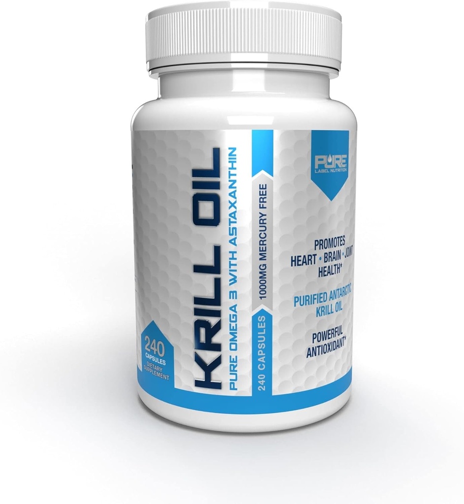 Pure Label Nutrition Fresh Antarctic Krill Oil 1000mg, Omega 3's, Extra Strength, EPA & DHA softgels avec l'antioxydant Astaxanthin. Supplément santé cardiaque et aucun arrière-goût de poisson. 240 capsules de gel