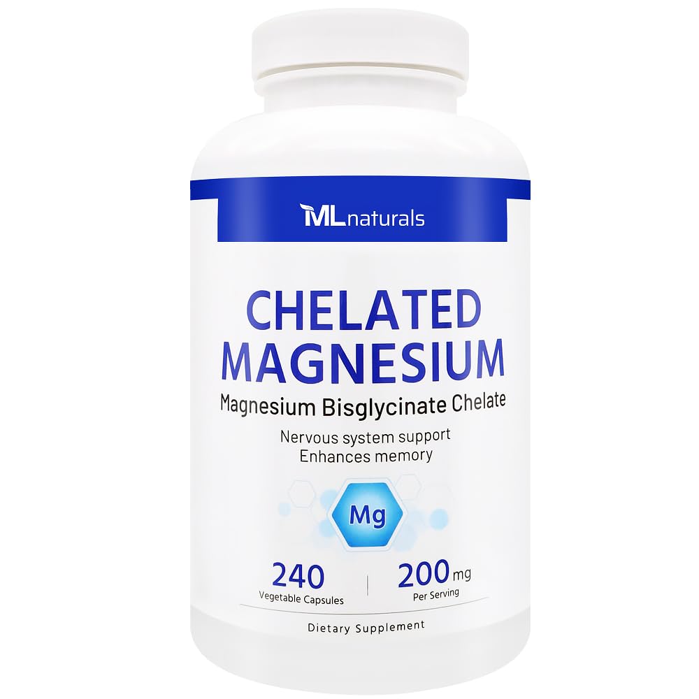 ML Naturals Chelated Magnesium 200mg (Per Serving) – 240 Vegetable Capsules – Supports Nervous System & Memory – High Absorption