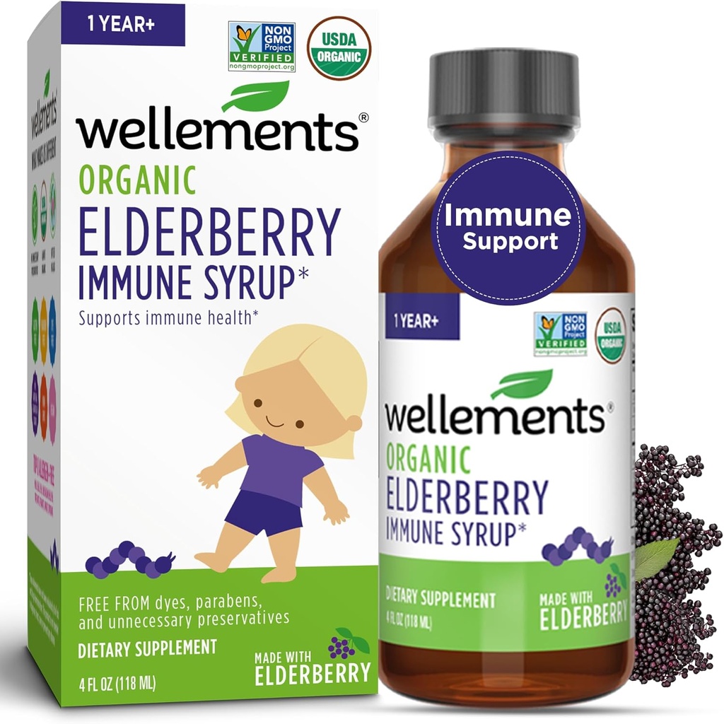 Wellements Syrup biologique pour les enfants pour les baies d'eau de l'USDA soutient la santé immune* pour les bébés et les tout-petits, fabriqués avec des baies d'eau de l'USDA certifié biologique et non OGM