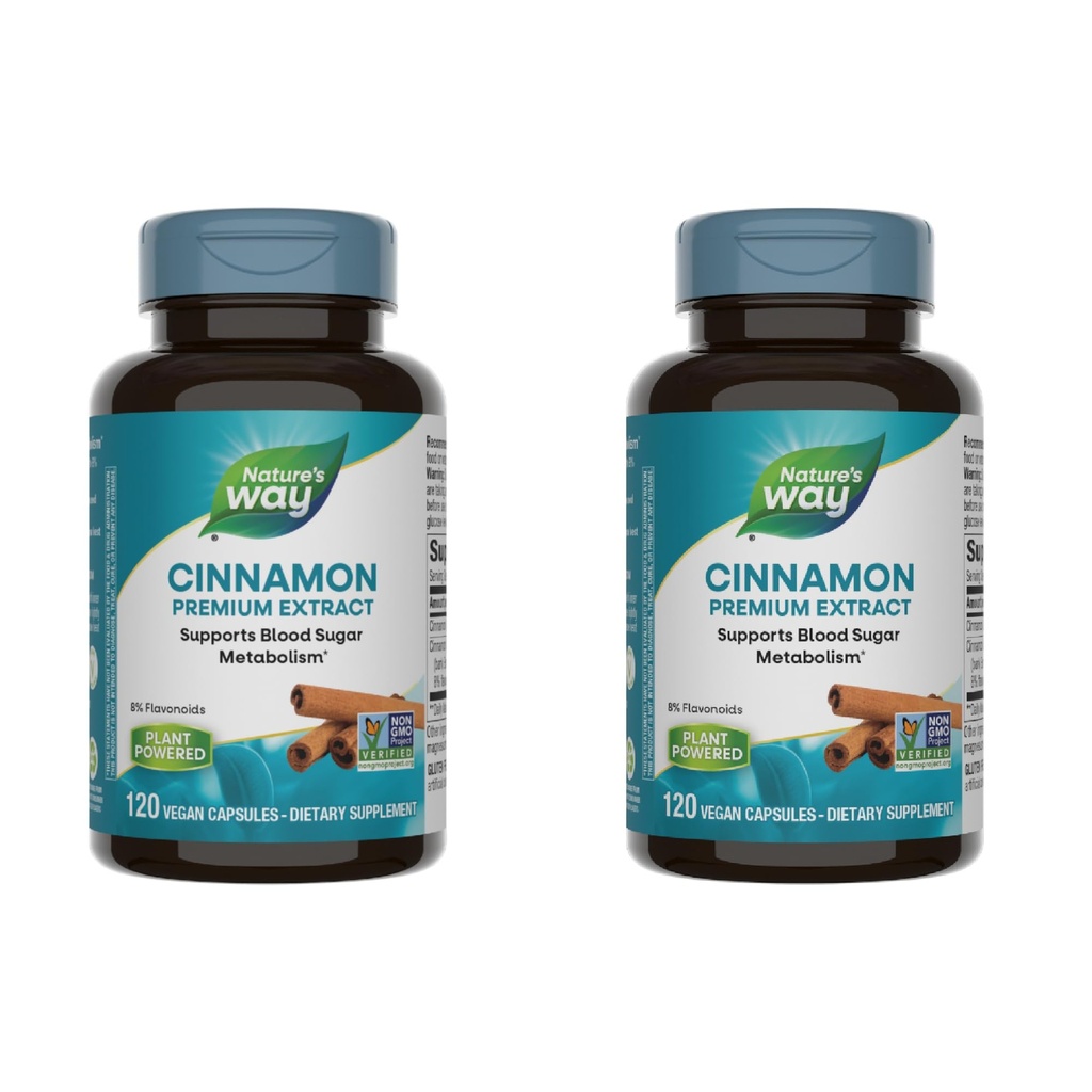 Nature's Way Cannamon Premium Extract, supporte le métabolisme des glucides*, le projet non-OGM vérifié, normalisé à 8 % de flavonoïdes, 120 capsules végétaliennes (paquetage mai vary) - 2 paquets