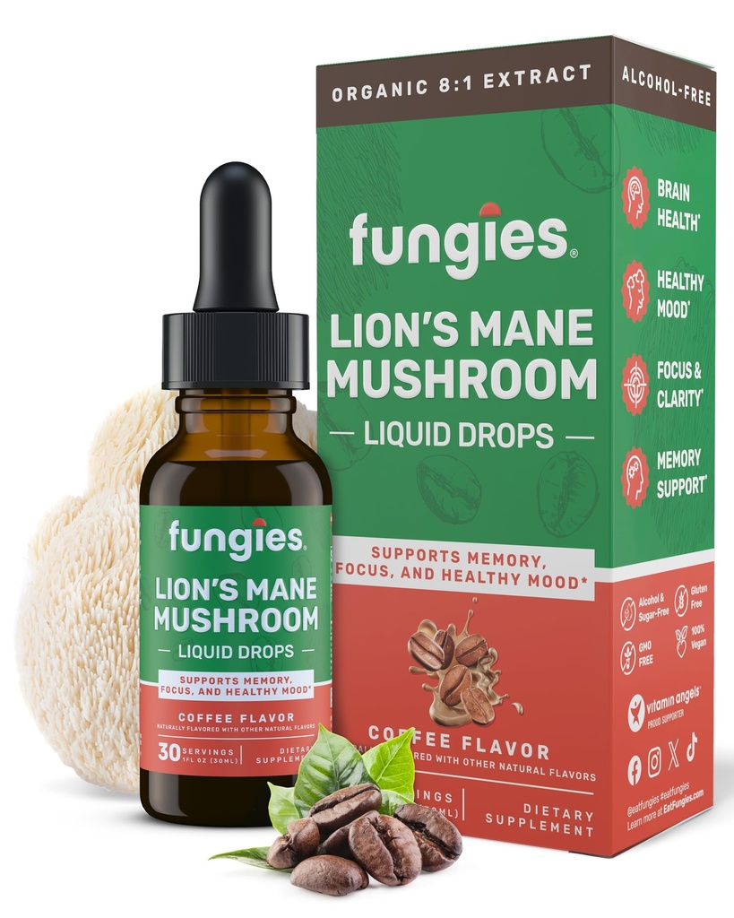 Fungies Mushroom Lion's Mane Liquid Drops, Café - Teinture avec Lions Mane Extract Supporte Brain Fog, Focus, Memory & Healthy Mood - Supplément complexe de champignons pour adultes - 30 portions