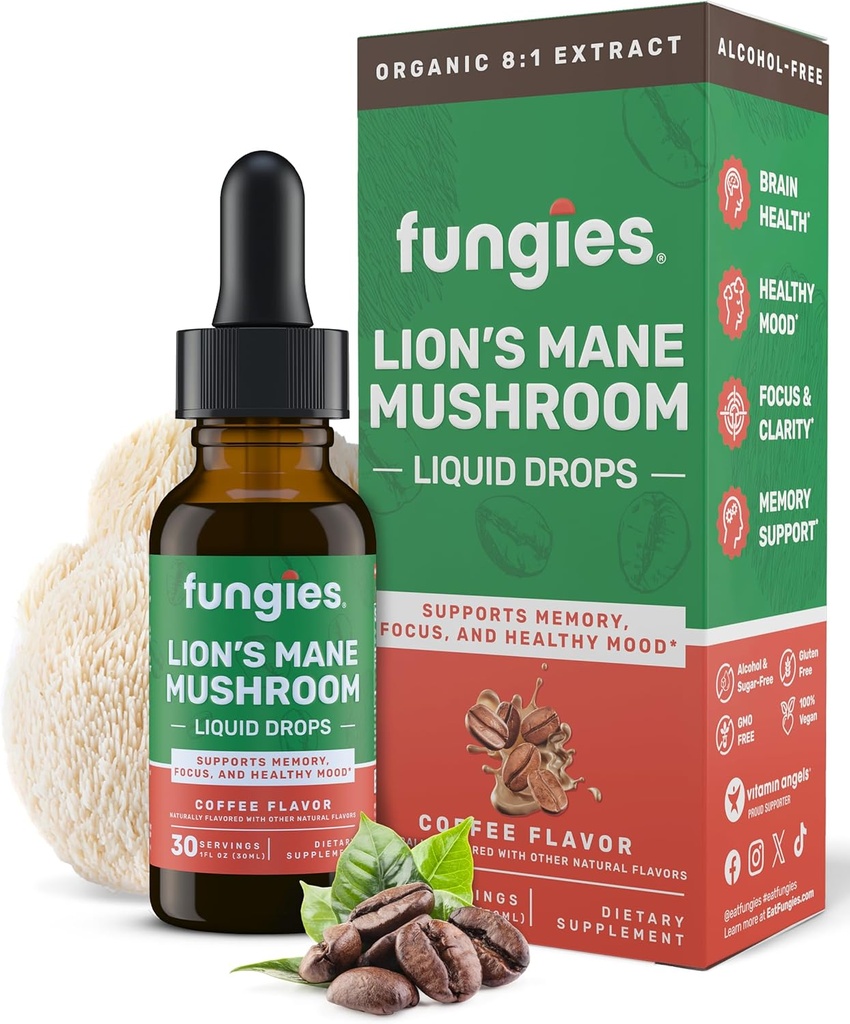 Fungies Mushroom Lion's Mane Liquid Drops, Café - Teinture avec Lions Mane Extract Supporte Brain Fog, Focus, Memory & Healthy Mood - Supplément complexe de champignons pour adultes - 30 portions