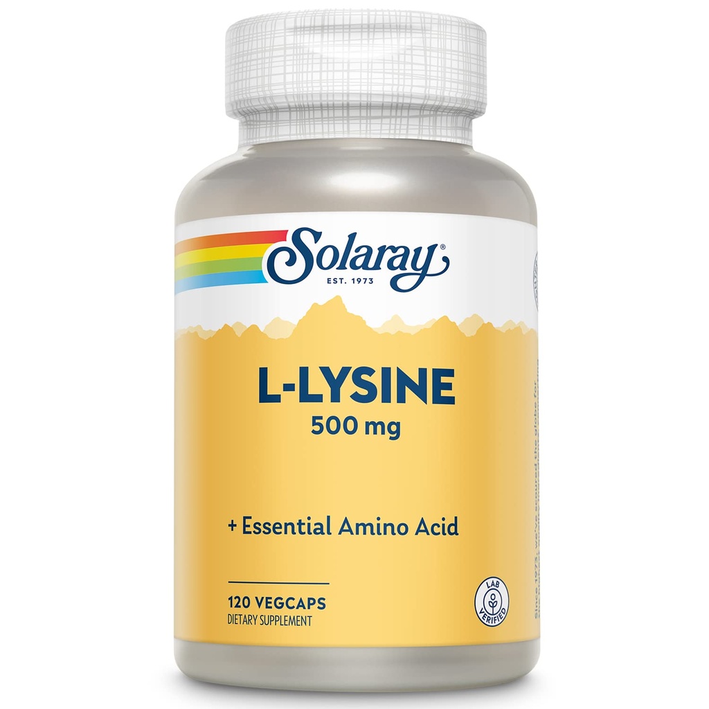 SOLARAY L Lysine 500 mg Capsules - Supplément d'acides aminés essentiels de forme libre - Powerful Wellness Support with L-Lysine Amino Acid - Lab Verified, Garantie de 60 jours, 120 portions, 120 VegCaps
