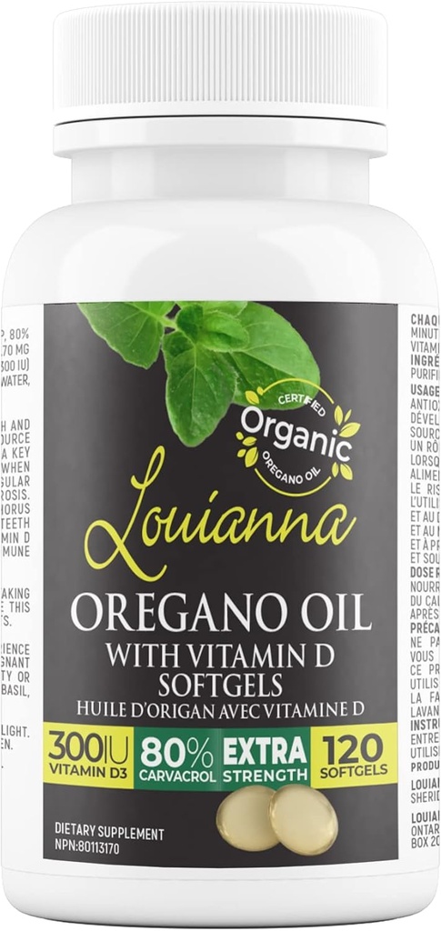 Louianna - Huile d'origan sauvage biologique avec vitamine D, Capsules de softgel liquide avec 80 pour cent de carvacrol, soutient vos os, l'immuno et la santé de Gut, suppléments à base de plantes, 120 softgels