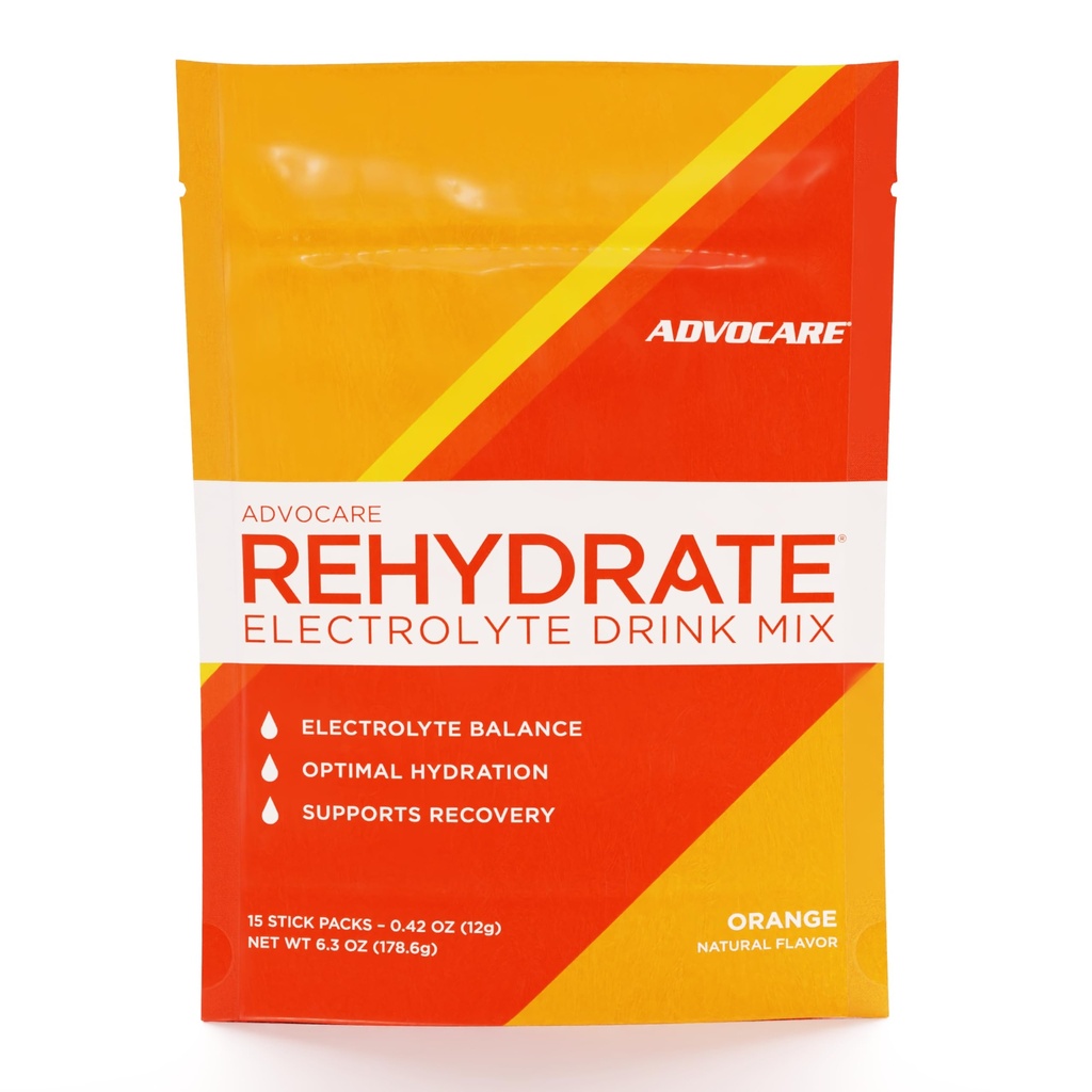 AdvoCare Rehydrate - Electrolyte Drink Mix - Includes Magnesium, Sodium, Potassium & Calcium - Antioxidant & Amino Acid Fortified - Hydration & Recovery - Orange, 15 Stick Packs (6.3 oz)