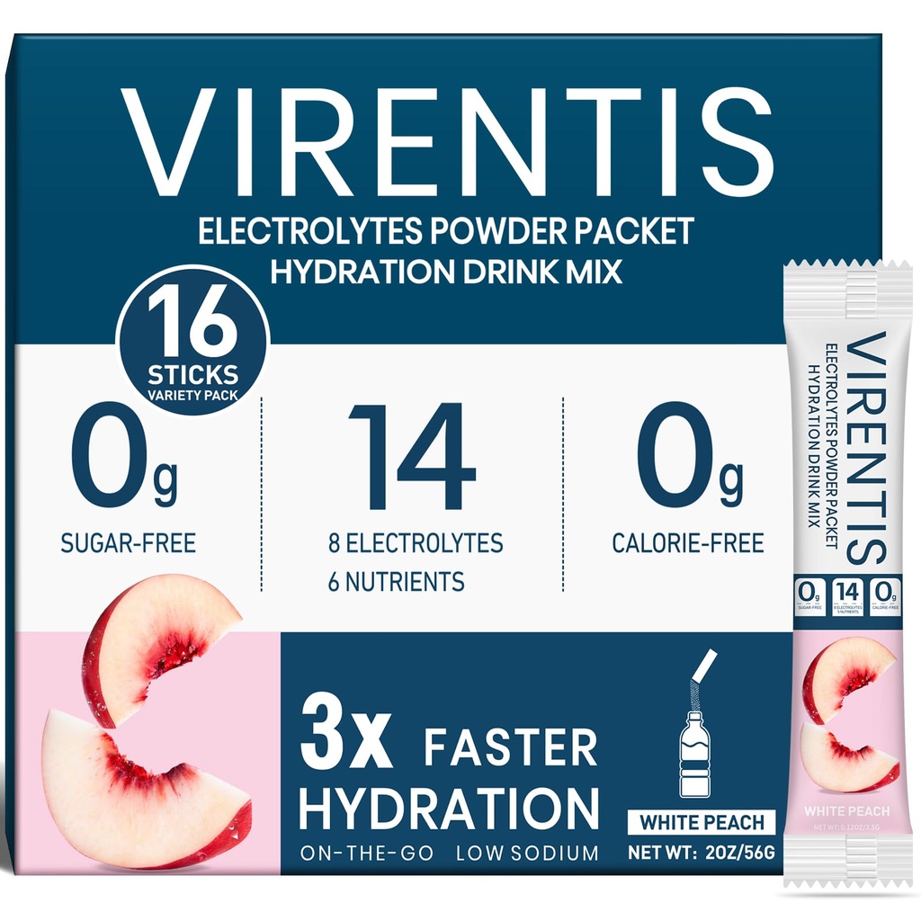 16 Sticks Electrolytes Powder Packets Sugar Free Hydration Packets Liquid Daily IV Electrolyte Drink Mix for Rehydration with 8 Electrolytes & 6 Vitamins, Low Sodium, White Peach