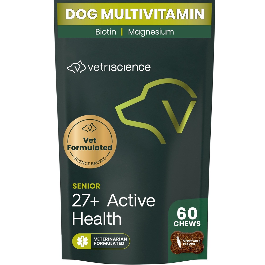 VetriScience Senior 27+ Santé active Chews, Canine Plus Multivitamine quotidienne pour chiens âgés, vitamines équilibrées, minéraux et antioxydants, soutien au vieillissement et au mieux-être en santé, Veggie, 60 Comte