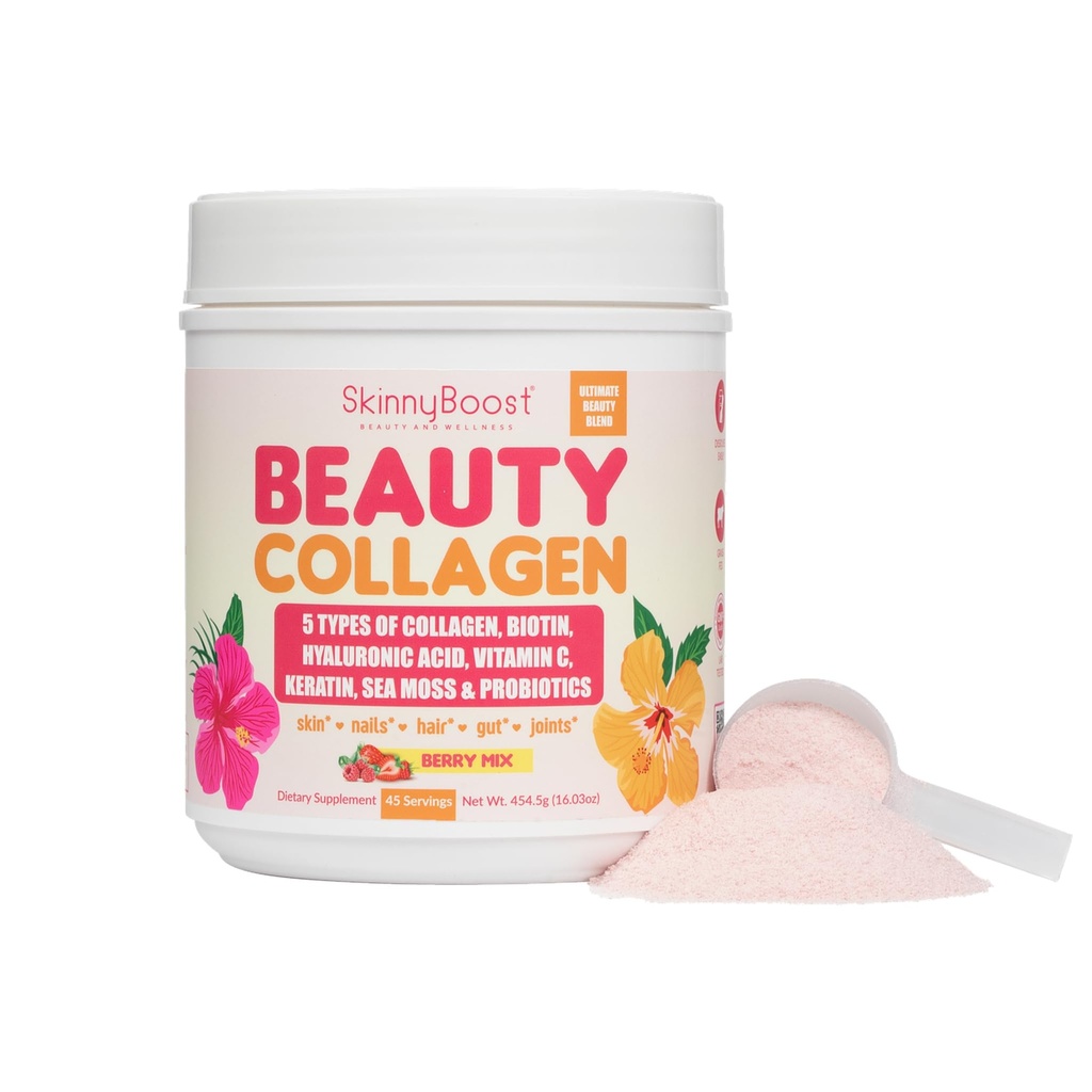 Beauty Collagen Powder-5 Types de collagène hydrolysé, de mousse de mer, de biotine, de kératine, d'acide hyaluronique, de vitamine C et de probiotiques-Hair, peau, ongles- Tous naturels, fabriqués aux États-Unis-45 portions- Berry mixte