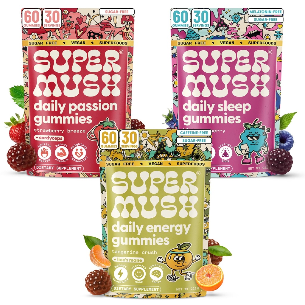 SuperMush Daily Gummies (Trio Bundle) - Daily Passion, Energy, & Sleep - Mushroom Gummies - Organic, Vegan, & Sugar-Free Mushroom Supplement - Ashwagandha Supplements with Cordyceps (180 Count)