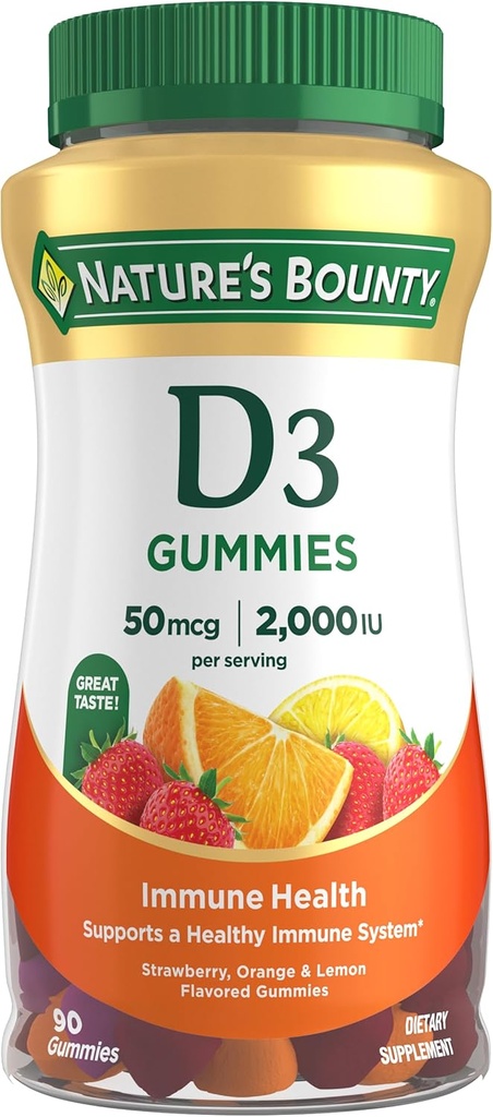 Nature's Bounty Vitamine D3 Gummies, supplément de vitamine, soutient la santé immunitaire, 50mcg, 2000IU, saveur de fruits mélangés, 90 Gummies