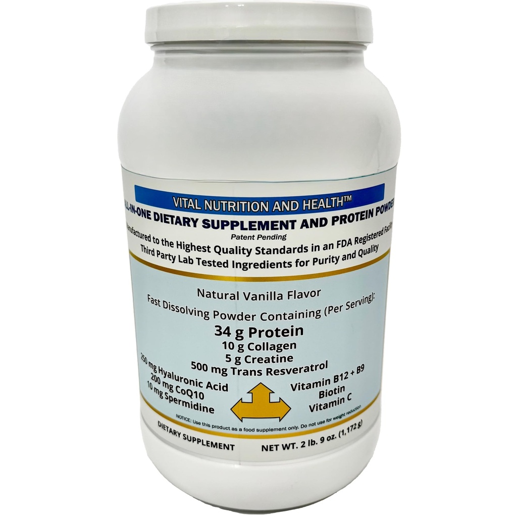 All-in-One Powder: Protein, Collagen, Creatine, Resveratrol, Spermidine, Hyaluronic Acid, CoQ10 + Key Vitamins