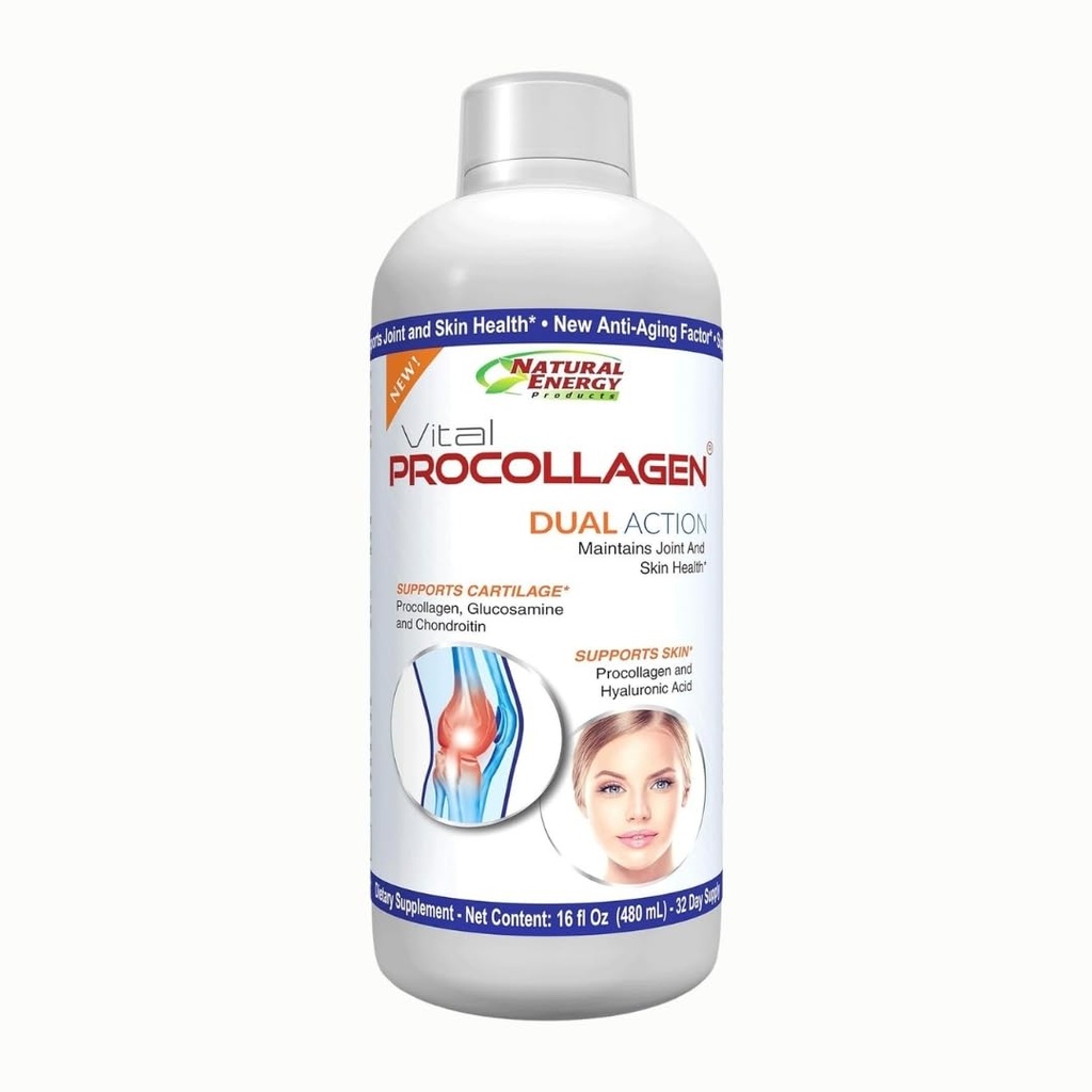 Natural Energy Vital Procollagen - Liquid Hydrolyzed Collagen Protein with Hyaluronic Acid and Glucosamine Chondroitin Sulfate Anti-Aging Factor for Men and Women 16oz |New Snickerdoodle Flavor|