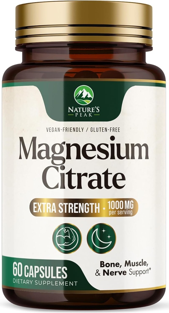 Citrate de magnésium 1000mg - Supplément de magnésium à haute absorption soutient la santé musculaire, osseuse, nerveuse et cardiaque - pilules complexes Magnesio de force supplémentaire - non-OGM, formule énergétique Premium - 60 capsules