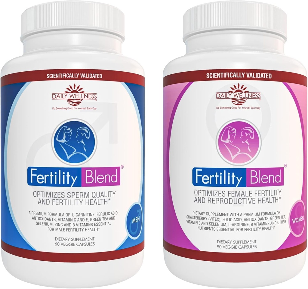 Approvisionnement d'un mois pour chaque supplément de BLENDE EN FERTILITÉ pour les hommes (60 comprimés) et supplément de BLENDE EN FERTILITÉ pour les femmes (90 comprimés).