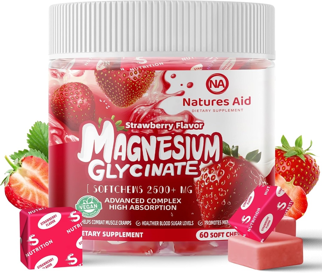 Magnésium Glycinate Soft Chews, goût de fraise. Potassium sans sucre à croquer Magnesium avec Glycinat de magnésium, vitamine D, B6 et CoQ10 pour un soutien et un sommeil apaisant pour les adultes, 60 jours d'approvisionnement