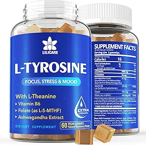 L Tyrosine Gummies 1100mg Mood Support Blend with Ashwagandha, L-Theanine, Vitamin B Complex B6, Folate B9, for Focus & Memory, Cognition & Brain Function, Energy Boost, Stress Support, Vegan 60Cts