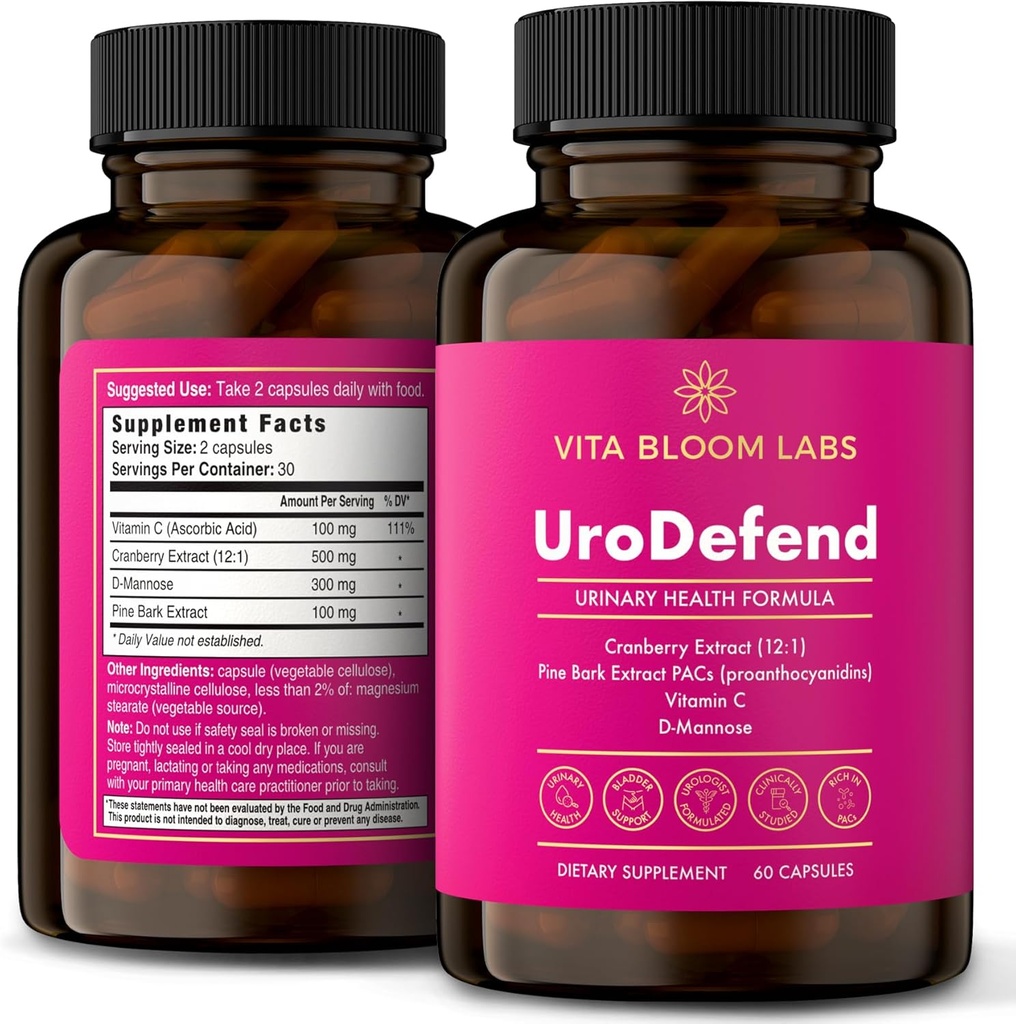 Formule de protection UTI UroDefend PACs de canneberge Formule médicale Sans additif + Sans gluten , Extrait de canneberge, Extrait de barque de pin, D Mannose, Vitamine C. 60 Capsules