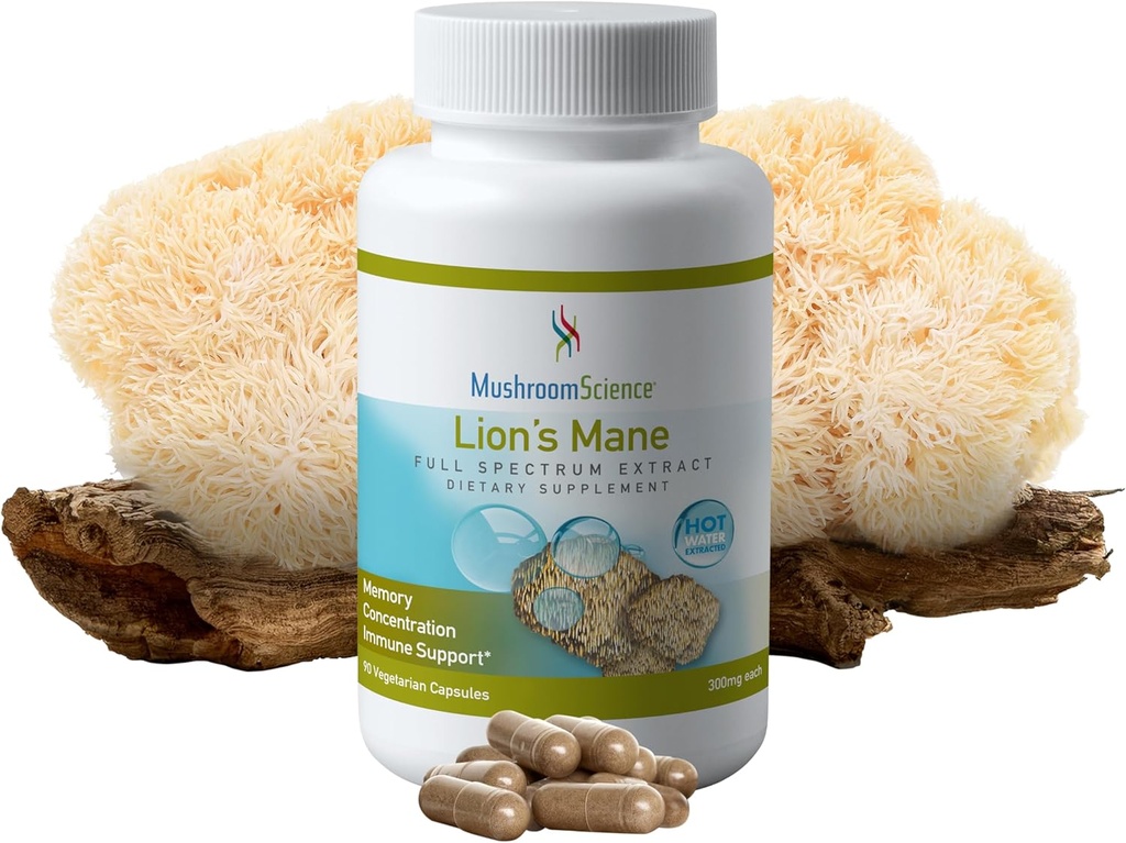 MushroomScience Lions Mane Mushroom Capsules, mémoire et support de concentration, extrait de spectre complet, supplément de champignons pour adultes, champignons extraits d'eau chaude, végétarien, 300MG, 90 ct