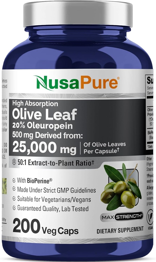 NusaPure Olive Leaf 20% Oleuropein 50:1 Extrait, 500 mg Équivalent à 25 000 mg 200 Vég. Caps appropriés pour les végétariens et les végétaliens, non OGM