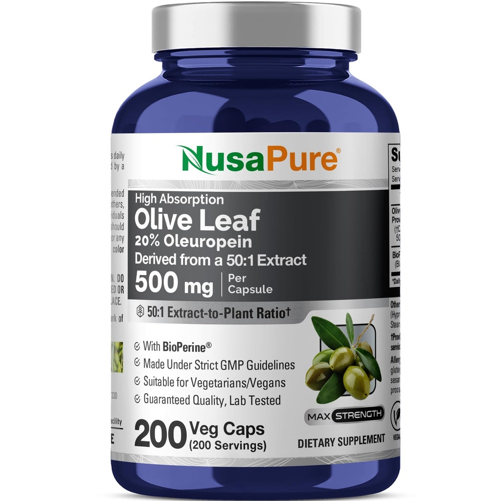 NusaPure Olive Leaf 20% Oleuropein 50:1 Extrait, 500 mg Équivalent à 25 000 mg 200 Vég. Caps appropriés pour les végétariens et les végétaliens, non OGM