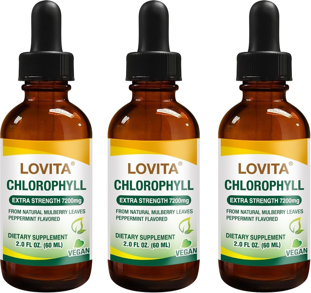 Lovita Chlorophylle gouttes liquides, haute puissance 120 mg/mL, 7 200 mg par bouteille, Booster d'énergie naturelle et soutien immunitaire, Déodorant interne, santé de la peau, végétalien et non-OGM, saveur de menthe, 180 portions