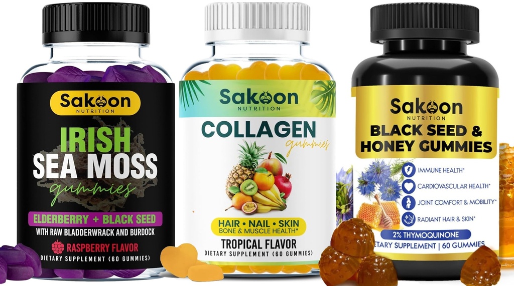 Sakoon nutrition Black Seed Oil, Halal Collagen & Kids’ Elderberry Gummies – 3-in-1 Bundle for Immune Support, Anti-Aging, Hair & Skin Health – Non-GMO, Gluten-Free – 60 Gummies Each