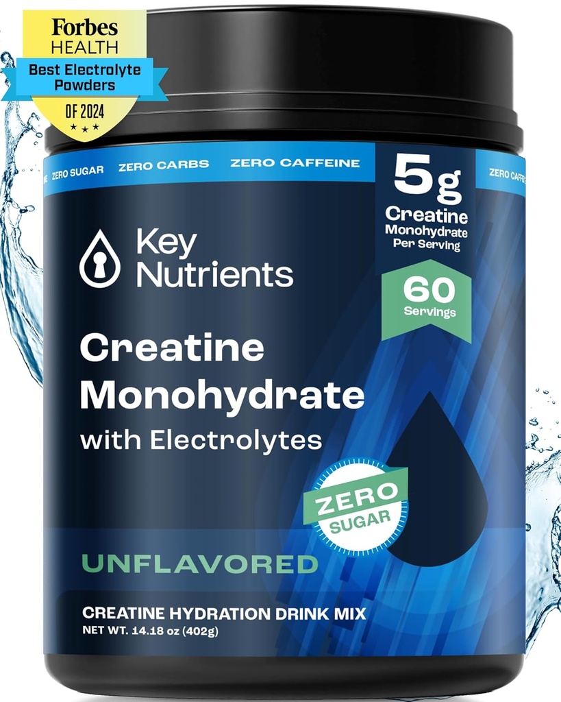 KEY NUTRIENTS Creatine Monohydrate Powder + Electrolytes, 5000mg Creatine Powder, Micronized Creatine Monohydrate, Creapure Creatine - 60 Servings, Made in USA