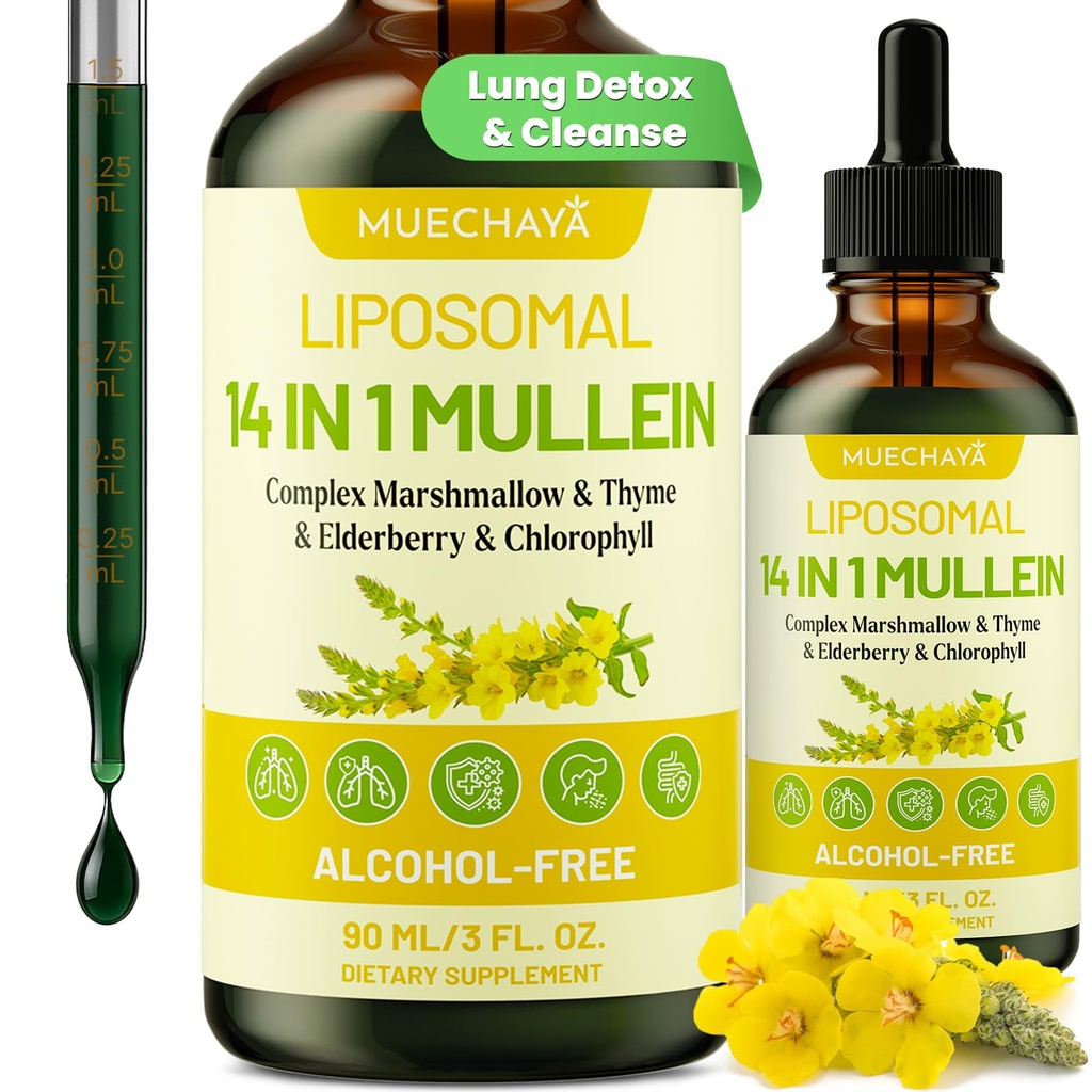 Mullein Drops For Lungs, Liposomal 14 In 1 Mullein Leaf Extract For Lungs, Mullein Drops with Elderberry, Chlorophyll, Thyme - for Lung Cleanse, Detox, Respiratory, Immune Health, 3 Fl 0Z, Mint Flavor
