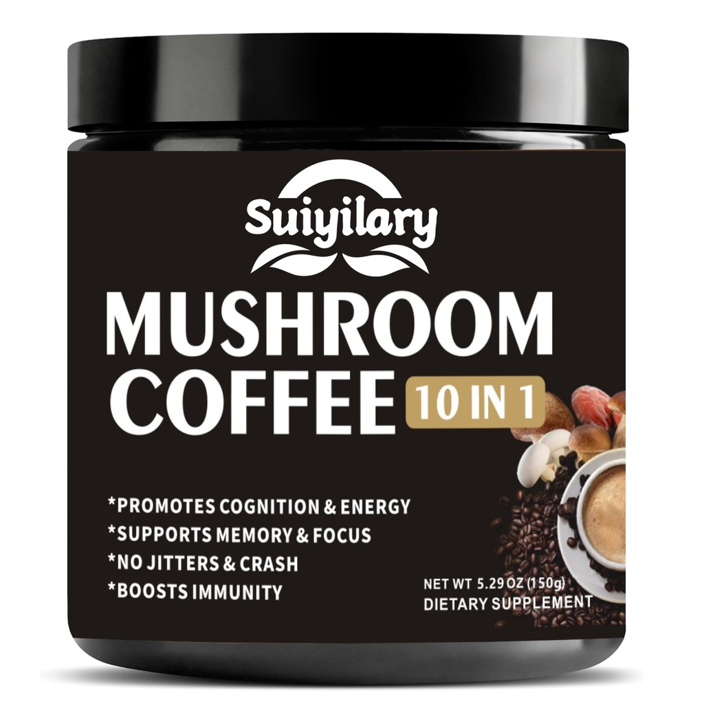 Café de champignons, 10 Mélange de poudre d'extrait de champignons Lion's Mane, Reishi, Chaga, Cordyceps, Turquie Tail, Suppléments Cerveau avec Café instantané pour l'énergie, Focus, Mémoire et Immunité 150g