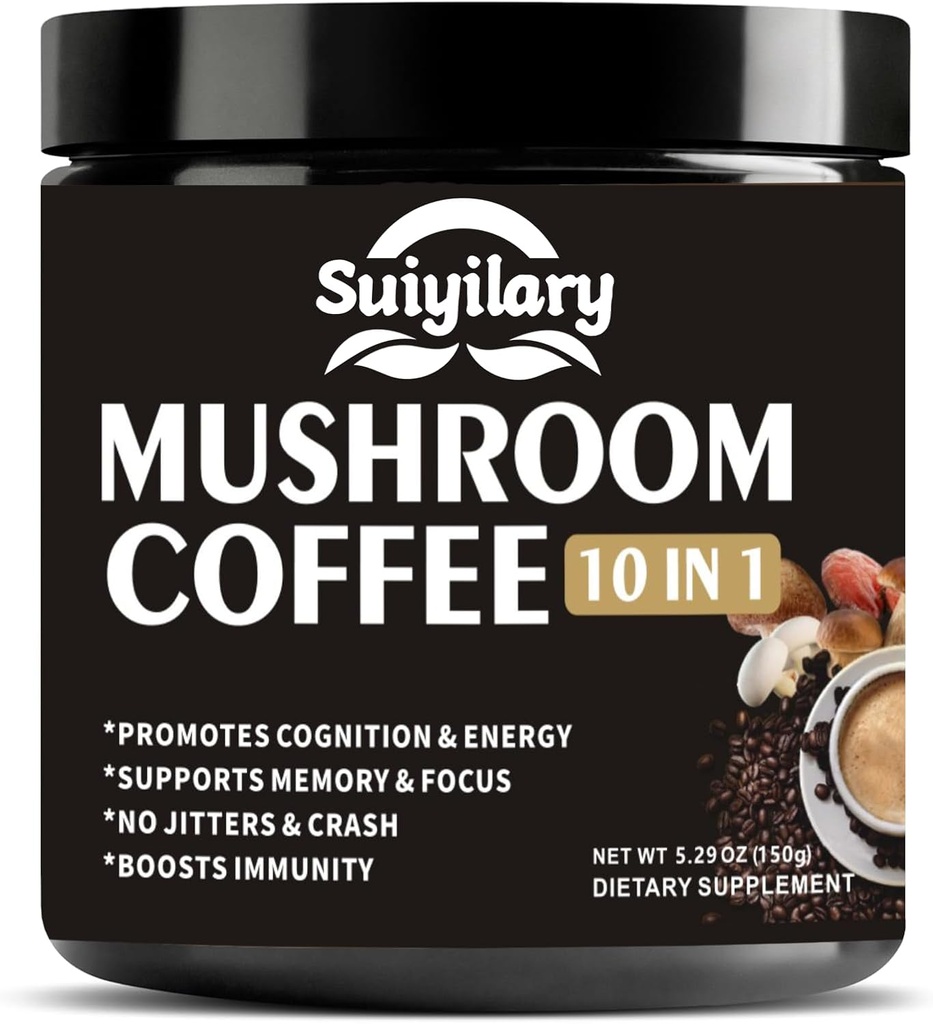 Mushroom Coffee, 10 Mushroom Extract Powder Blend Lion's Mane, Reishi, Chaga, Cordyceps, Turkey Tail, Brain Supplements with Instant Coffee for Energy, Focus, Memory and Immunity 150g
